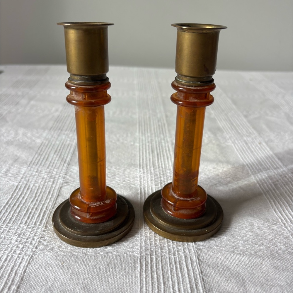 Amber Glass and Brass Candlestick Pair